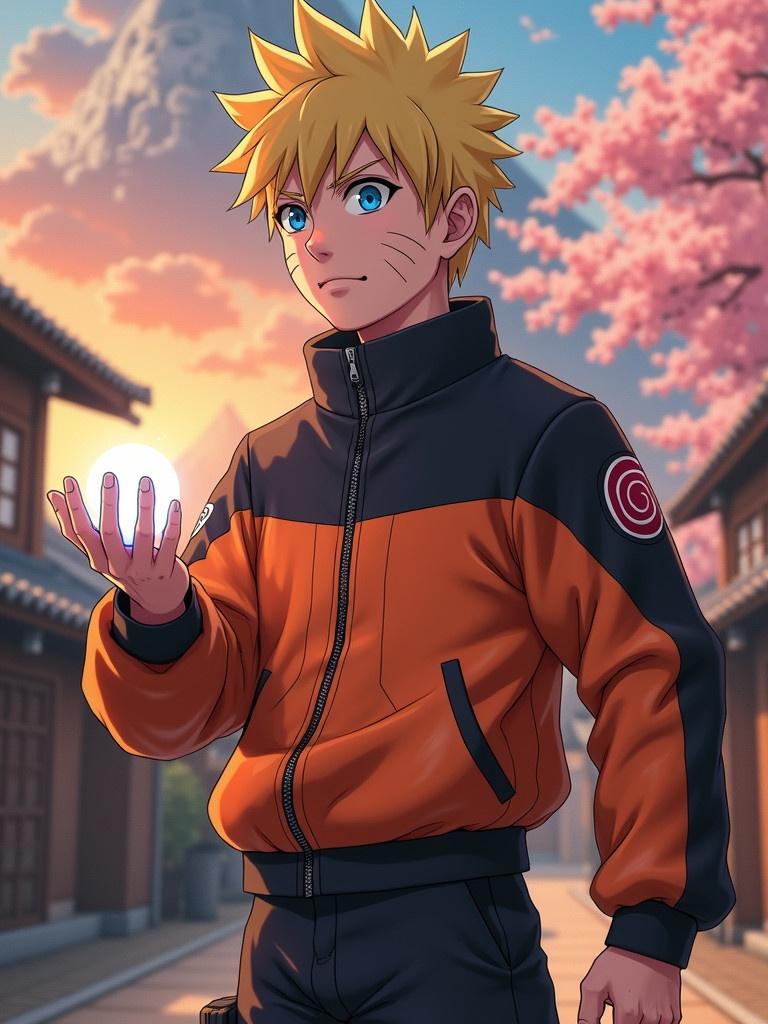 A realistic young man resembling Naruto Uzumaki stands confidently. He has thick, soft blonde hair and captivating cerulean blue eyes with depth. He wears an orange and black jacket, showing visible details like stitching and wear. In his hand is a glowing blue sphere, illuminating him softly. A vibrant sunset village serves as the backdrop, with traditional houses and drifting cherry blossoms.