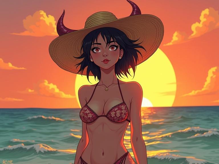 Cartoonish woman with horns wearing a sun hat stands at the shore. Background features a sunset over the ocean. Character display is playful and engaging.