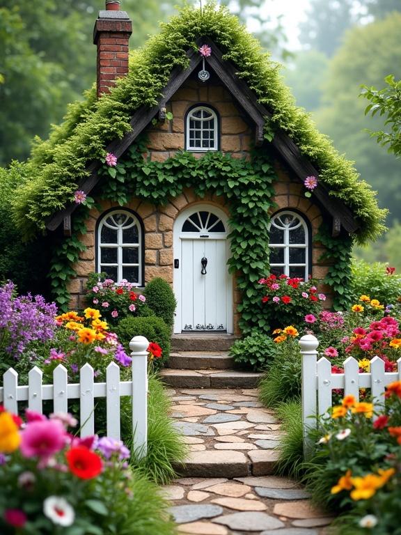 Charming small cottage set in a vibrant garden filled with colorful flowers. Cottage has stone exterior with a steep dark roof and white arched door. Surrounded by lush ivy and flowering plants. White picket fence encloses stone pathway leading to the door.