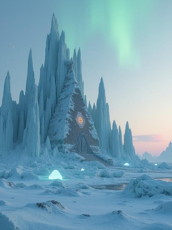 Ancient alien structures in Arctic setting. Icebergs and geometric spires dominate landscape. Glowing glyphs embedded in ice. Snow partially covers the architecture. Soft sunlight reveals unusual materials. Aurora colors fill the sky. Mysterious sci-fi vibe.