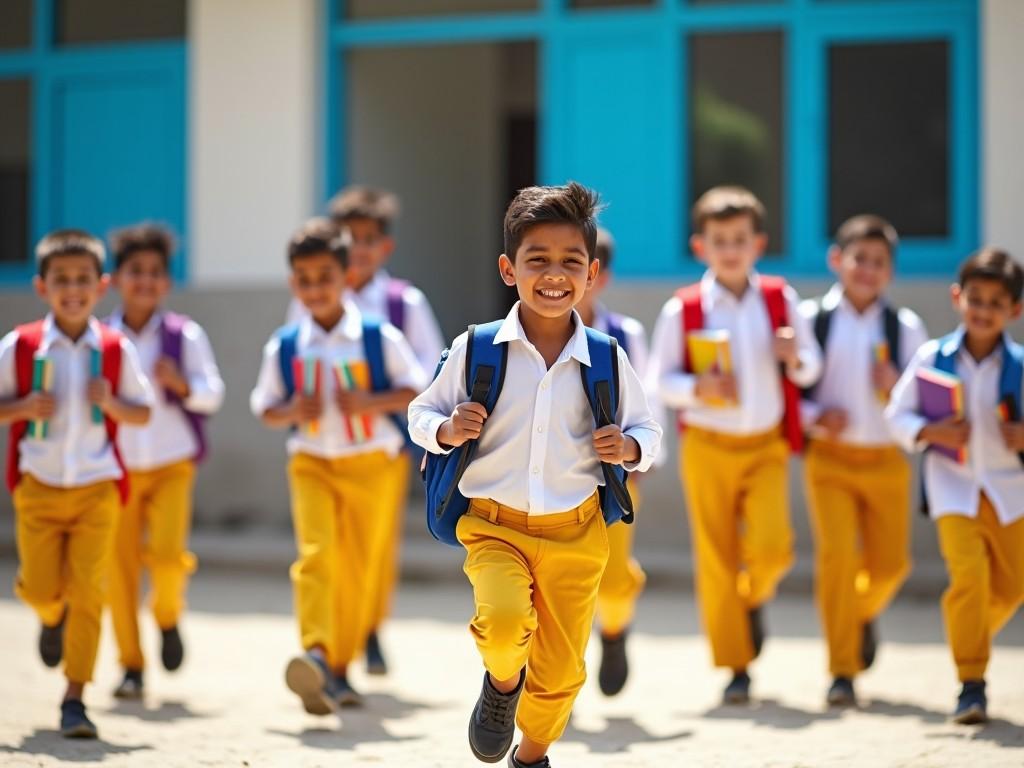 The image depicts a group of young school children running joyfully towards the camera. They are dressed in white shirts and yellow trousers, showcasing a vibrant and cheerful school atmosphere. The lead boy in the front has a big smile on his face. The background features a school building with bright blue windows. This scene captures the excitement of school life and camaraderie among friends. The natural lighting enhances the bright colors of their outfits and the joyfulness of the moment.