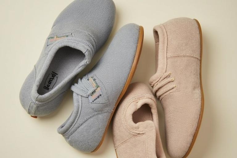 Four pairs of casual shoes with soft textures. Light colors, blue and pink. Top view. Simple and stylish design.