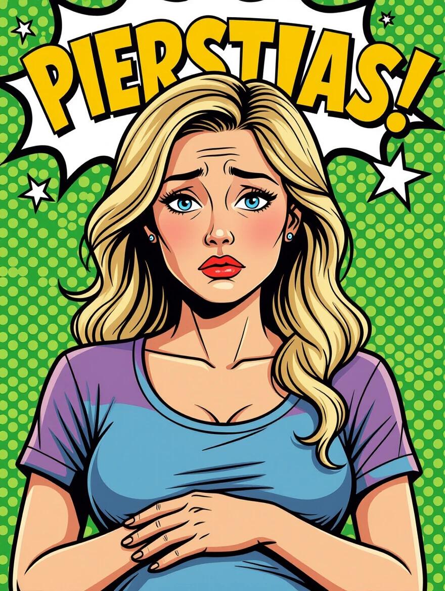Pregnant woman poses with hands on her belly. Background has vibrant green color with comic style elements. Woman has long blonde hair wearing a purple shirt. Art is colorful and playful. Emotions of contemplation and joy are conveyed.