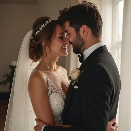 Couple embraced in wedding attire. The bride wears a white gown with lace details. The groom is dressed in a classic black tuxedo. They share a warm moment. Soft natural lighting fills the space, enhancing the romantic atmosphere. Their expressions reflect joy and love. Background features a softly blurred interior with a window letting in light.