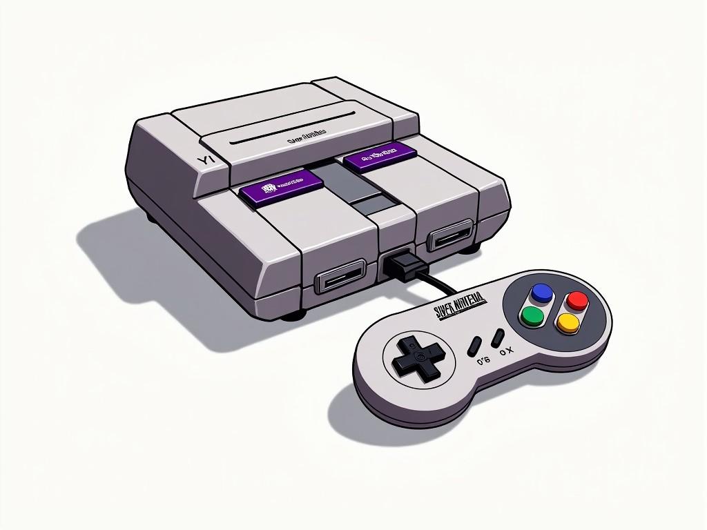 This digital illustration captures a nostalgic gaming console reminiscent of classic video game systems. The console is depicted with a purplish-gray color scheme, featuring two cartridge slots labeled with playful text. A matching controller sits in the foreground, connected by a cable, emphasizing the retro theme. The composition evokes a sense of nostalgia and appreciation for vintage gaming culture.