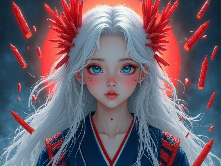 Bright surrealism art featuring a young female character with vivid blue eyes and long wavy silver hair. Hair adorned with red stripes. Pale skin has patches of red crystals extending outward. Character wears a navy granite kimono. Set in a shining cave with bold colors and gradients.