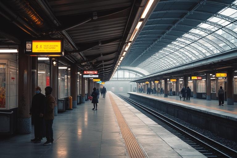 A train station scene filled with passengers waiting on the platform. Soft lighting creates a misty atmosphere. The architecture features modern design elements with clear signage directing travelers. Steel and glass structures contribute to an urban environment.