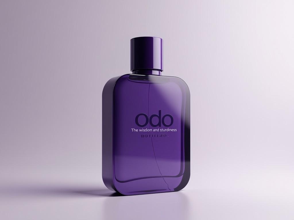 An elegant, modern perfume bottle in a rich purple hue, symbolizing luxury and sophistication. The bottle is rectangular with smooth edges and a minimalistic design. The brand name 'odo' is printed in a stylish font on the front. The background is softly lit to enhance the glass texture and color of the bottle. This design conveys an aura of elegance and is perfect for a contemporary cosmetic brand.