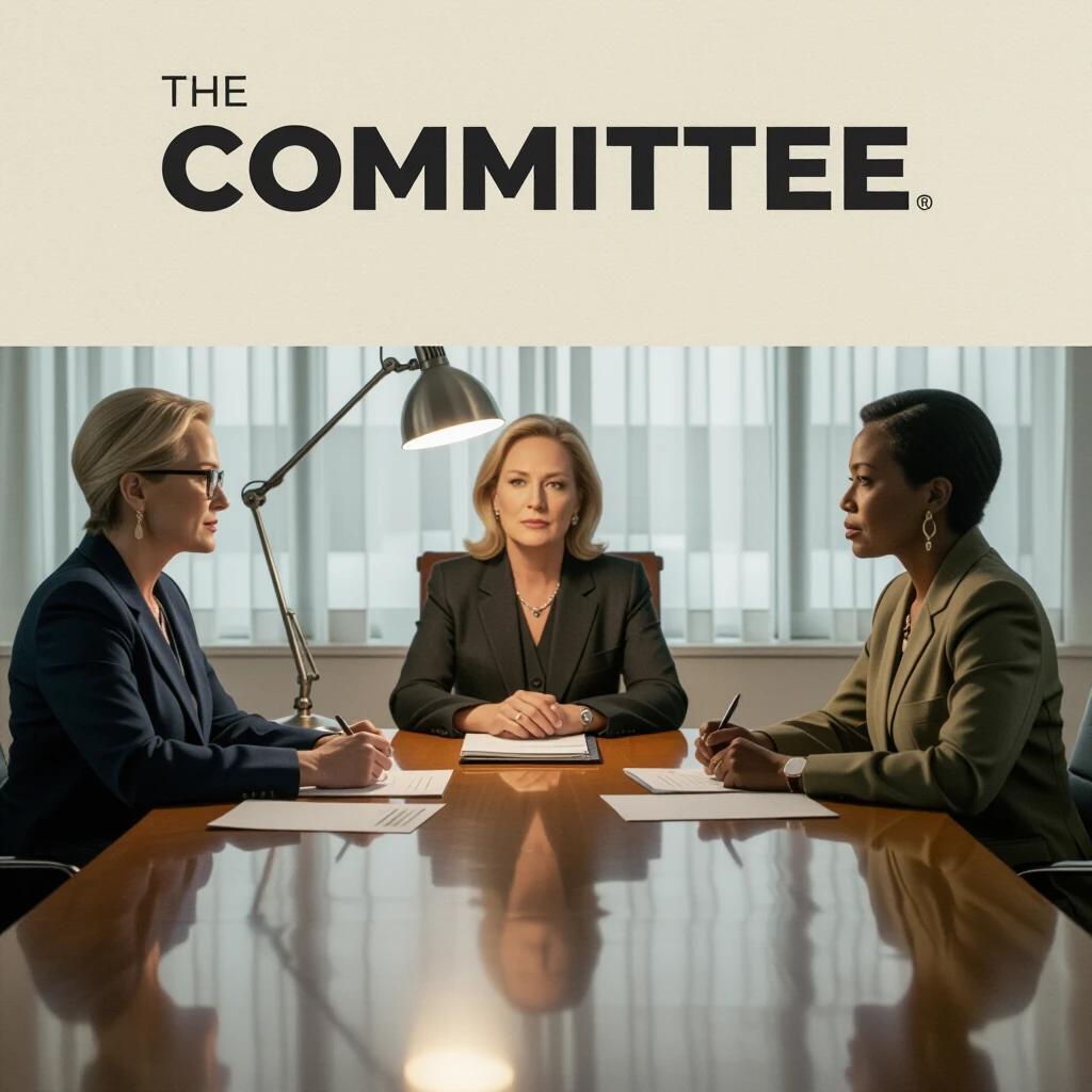 The COMMITTEE represents a tense meeting with three prominent actresses. Meryl Streep Cate Blanchett Viola Davis sit across from each other at a long wooden table. Dim lighting from a desk lamp highlights their expressions in a muted setting.