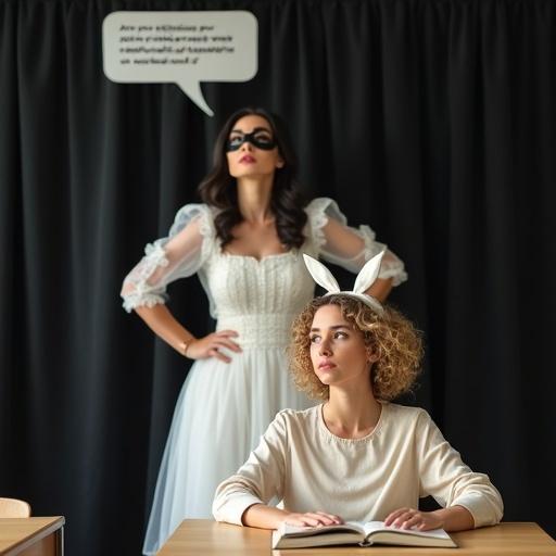 A dark-haired woman in a ruffled white dress with a black eye mask appears excited behind a black curtain. She puts her hands on her hips, speaking through a speech bubble about classmates on vacation. In front, a short curly blonde woman in a cream dress and bunny ear headband sits at a desk, holding a book with a serious expression. The setting is an empty classroom.