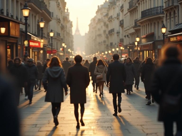 Bustling street in Paris during evening hours. Soft grain and natural blur evoke Impressionist style. Figures move in city environment with light reflections.