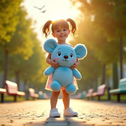Photorealistic image of young girl in park during golden hour. She smiles holding blue plush toy. Background includes green trees and sunlight. Warm, joyful mood.