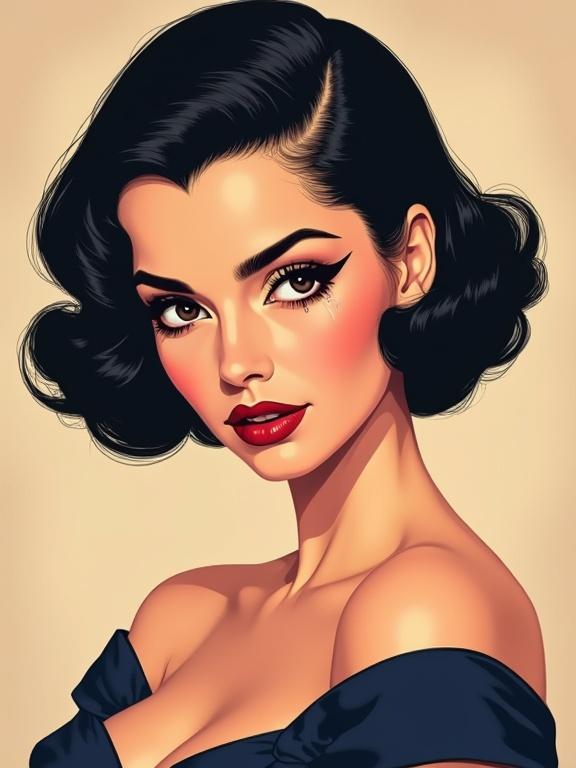 Glamorous woman in retro 1950s style. Short dark bob hairstyle. Off-shoulder vintage dress. Eyeliner smudged from tears with black streaks. Calm and defiant expression. Direct gaze with a smile. Color palette includes muted pinks, navy, golden tones. Bold lighting for drama. Transparent background. High resolution, suitable for t-shirts.