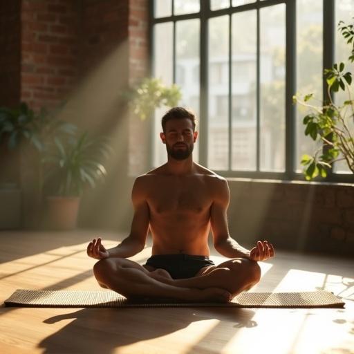 Serene man in lotus position. Eyes gently closed. Sitting on bamboo mat. Minimalist urban yoga studio. Soft natural light through windows. Long shadows. Exposed brick walls and scattered plants. Warm morning light. Peaceful atmosphere. Cinematic composition and shallow depth of field.