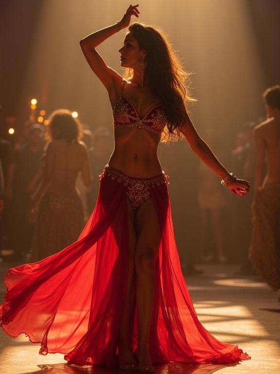 Belly dancer performing alone in Dubai. Realistic portrayal with dramatic lighting. Emphasis on attire and movement.