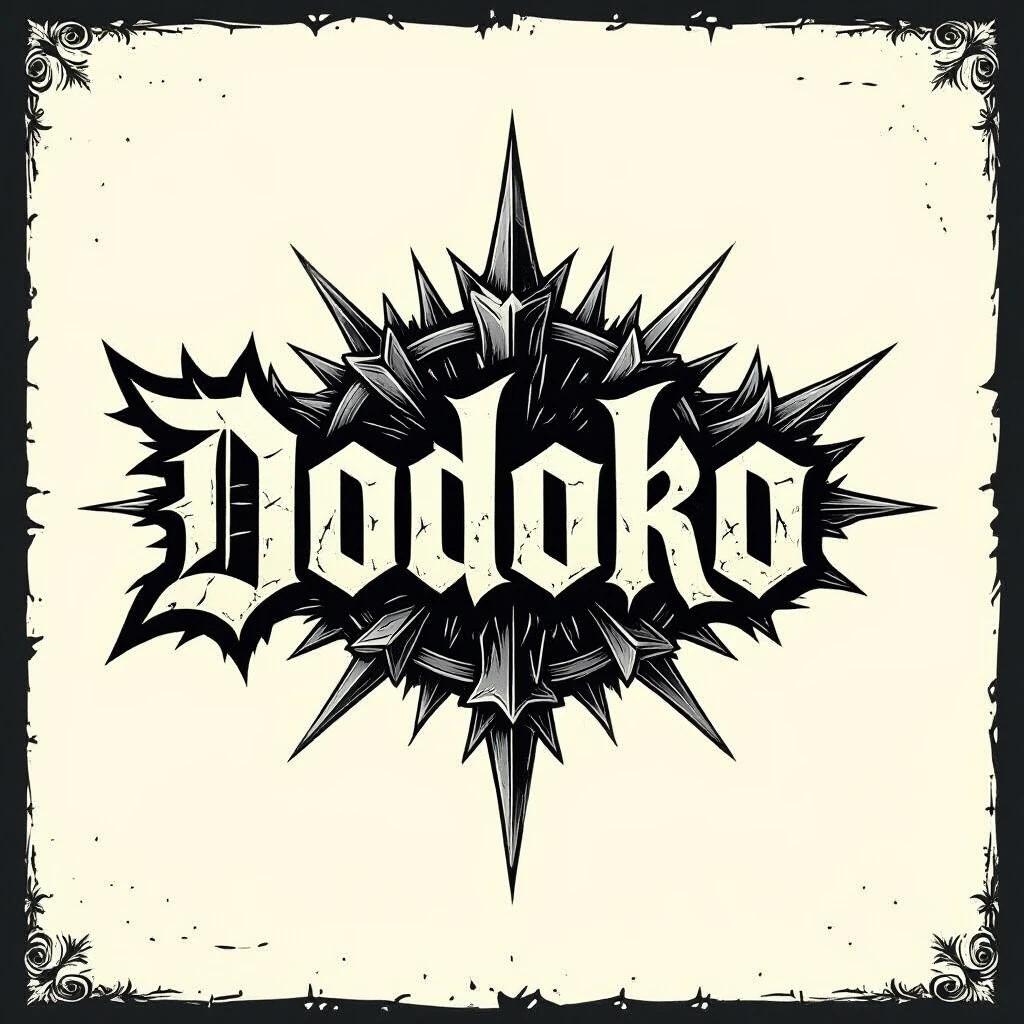 Text styled in black metal band logo format saying Dodoko. Logo features sharp edges and spikes.