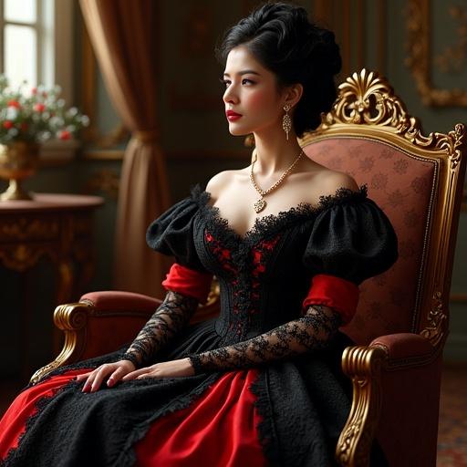 A French aristocrat wears a black lace gown with red trim. She has an elaborate hairstyle and sits in a Louis XV armchair. The background features a luxurious salon inspired by Versailles. The atmosphere radiates sophistication. The image is a 3D render created in Blender using Cycles engine with high-resolution fabric details and rococo environment. The text 'KAROLINA w SZPILKACH' is displayed on the wall.