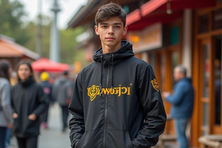 Young seller dressed in a stylish black hoodie with yellow logo. The setting is a vibrant outdoor market. People are seen in the background.