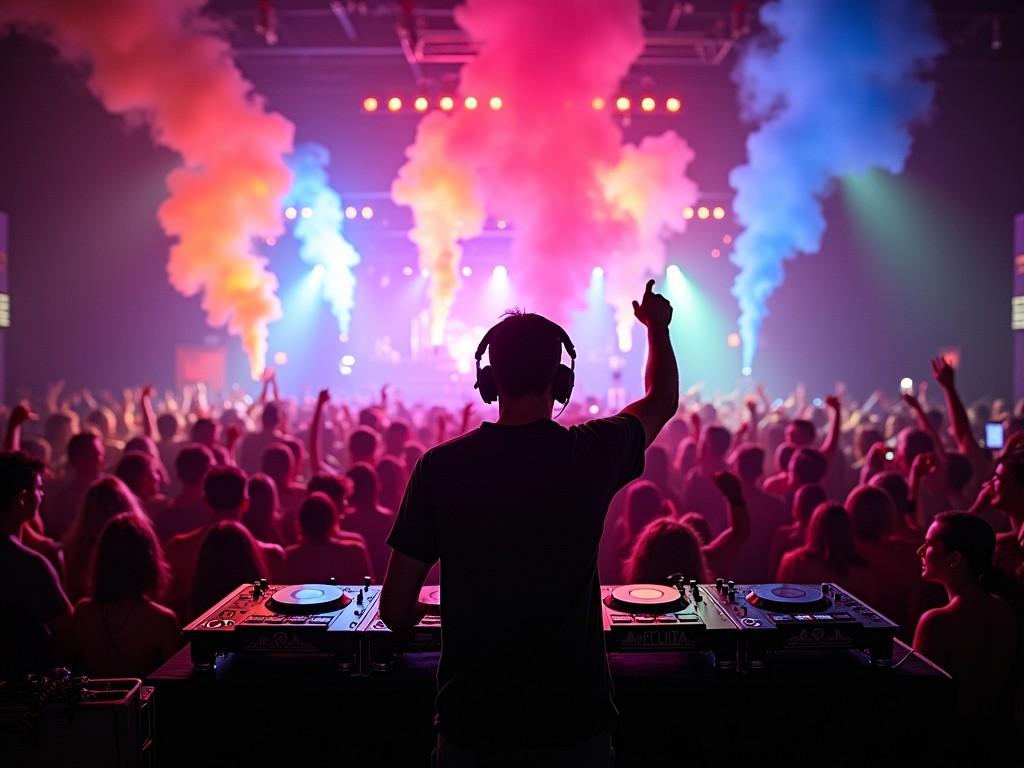 This lively image captures a DJ, silhouetted against a backdrop of colorful smoke and an energetic crowd. The vibrant lights and audacious smoke effects accentuate the pulsating atmosphere of the club. The DJ, immersed in the moment with headphones on, leads the crowd in a euphoric celebration of music.