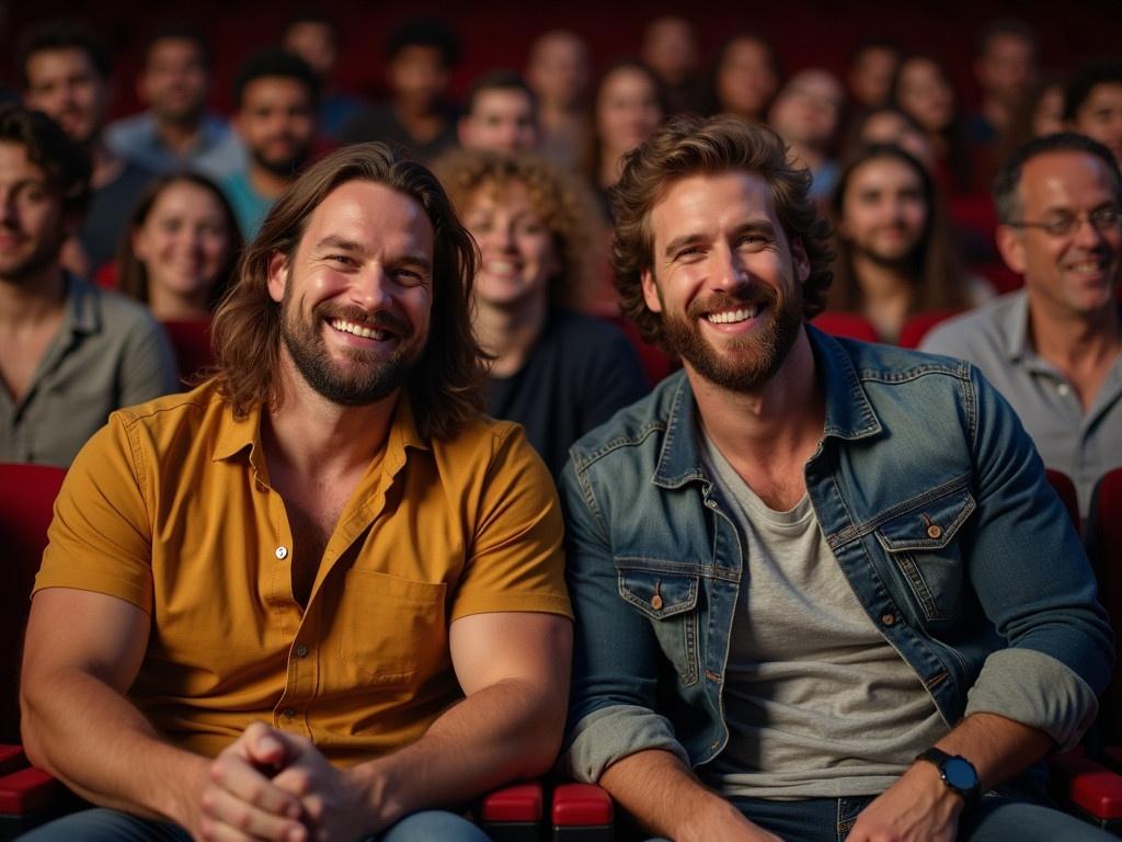 Two muscular men are sitting side by side in a theater. The first man has long, flowing hair and is wearing a stylish mustard-colored shirt. The second man is wearing a casual denim jacket over a gray t-shirt, showcasing his athletic build. They are both smiling and enjoying the moment, with a cozy and vibrant atmosphere around them. In the background, other audience members are engaged in the performance, contributing to the lively ambiance of the theater.