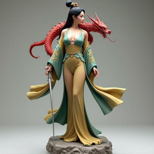 Beautiful Asian woman figurine inspired by Disney Mulan. Wears traditional kimono in gold and blue with green accents. Long hair in a high bun with ornaments. Holds sword and carries small red dragon. Stands majestically on rock base. Neutral background. Realistic details for STL collectible.