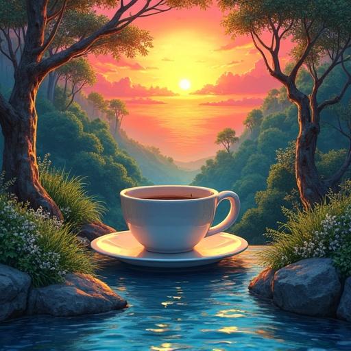 Digital illustration of a vibrant sunset over a tranquil river. A large coffee cup centered in the scene. Surrounding greenery includes trees and flowers. Atmospheric and serene landscape in 3D watercolor style.