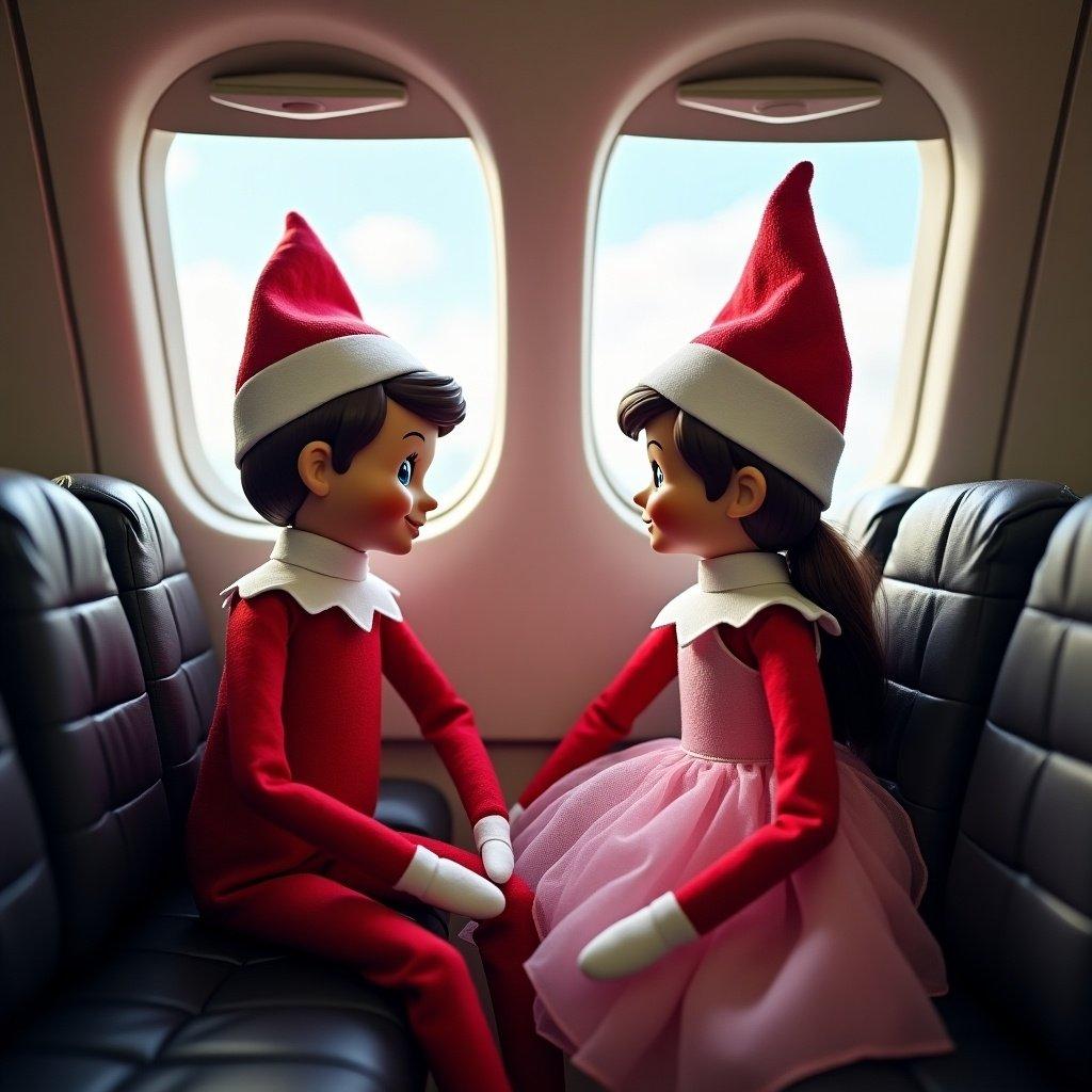 Two elves sitting on airplane seats. One is a boy in red outfit. The girl is in a pink dress. Airplane interior details are visible. Windows show blue sky.