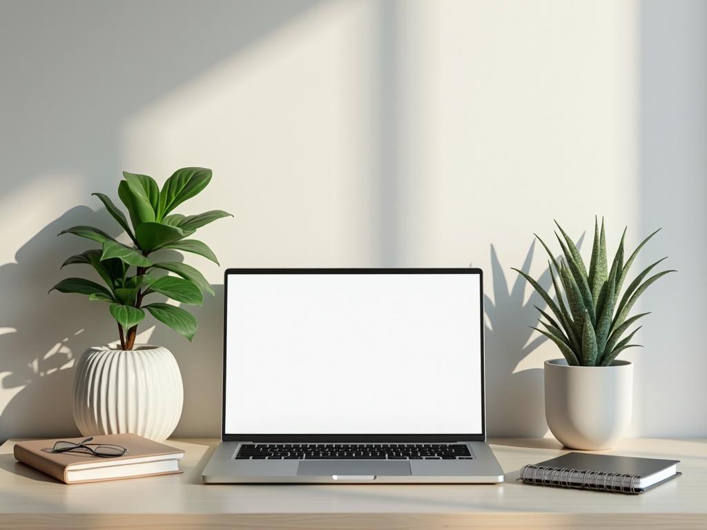 A minimalist workspace is shown flat lay including a sleek laptop with an empty screen. Two potted plants are on either side of the laptop. A notebook and a pair of glasses rest on the wooden desk. Natural light fills the room highlighting a calming and productive environment.