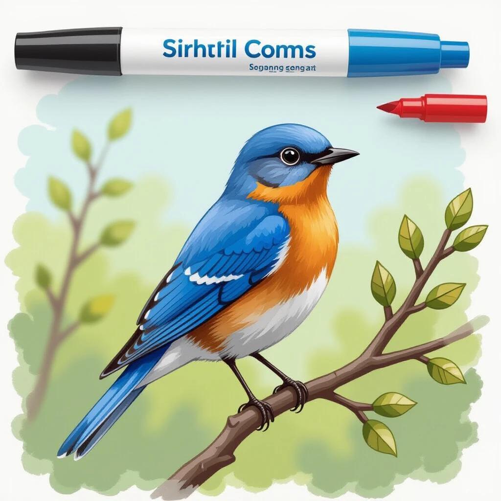 Marker illustration showcasing a bluebird perched on a branch. The bluebird has vibrant blue and orange plumage. A blue and red marker is positioned next to it with the words 'Sirhtil Coms'. Background features soft green foliage.