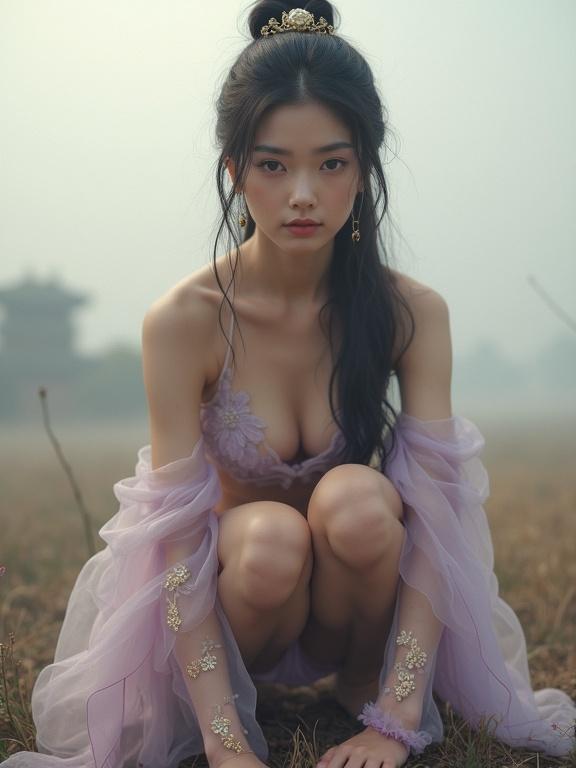 Misty dawn on a battlefield in China. A petite princess squats gracefully in light purple attire. She wears a light bracelet with gold accents. Dark hair styled traditionally. The background is soft and atmospheric. The photo captures her full body with an ultra low angle shot.