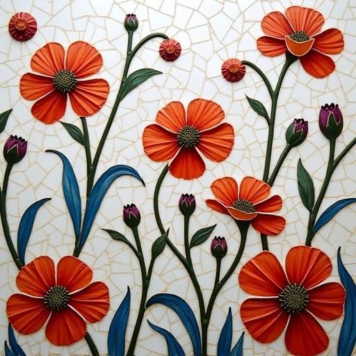 A large mosaic made of many white tiles arranged in a grid format with floral motifs in reddish colors surrounding it. The mosaic is 30 tiles wide and 10 tiles tall.