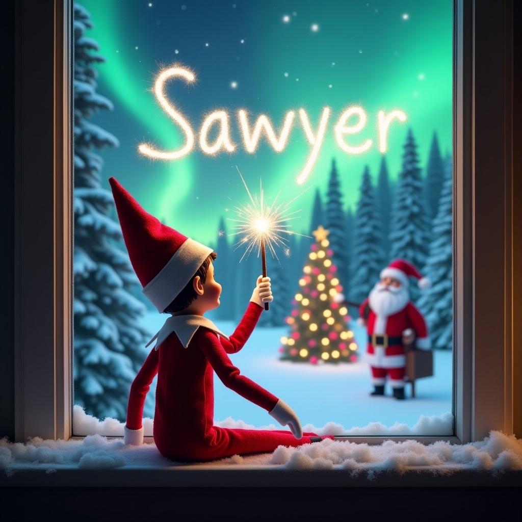 The image features an adorable elf on the shelf sitting on a window ledge, with his back turned to the viewer. He is using a magical wand to create twinkling sparks while looking up at a stunning display of northern lights. The background is set in a winter wonderland, filled with snow-covered pine trees. Dressed in a vibrant red outfit with white trim, the elf embodies the Christmas spirit. The scene is illuminated by the enchanting colors of the aurora borealis, enhancing the magical ambiance. The name 'Sawyer' is written in sparkling letters above his head, making the scene even more festive.