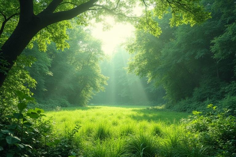 A tranquil green nature scene with sunlight filtering through the trees into a lush grassy clearing
