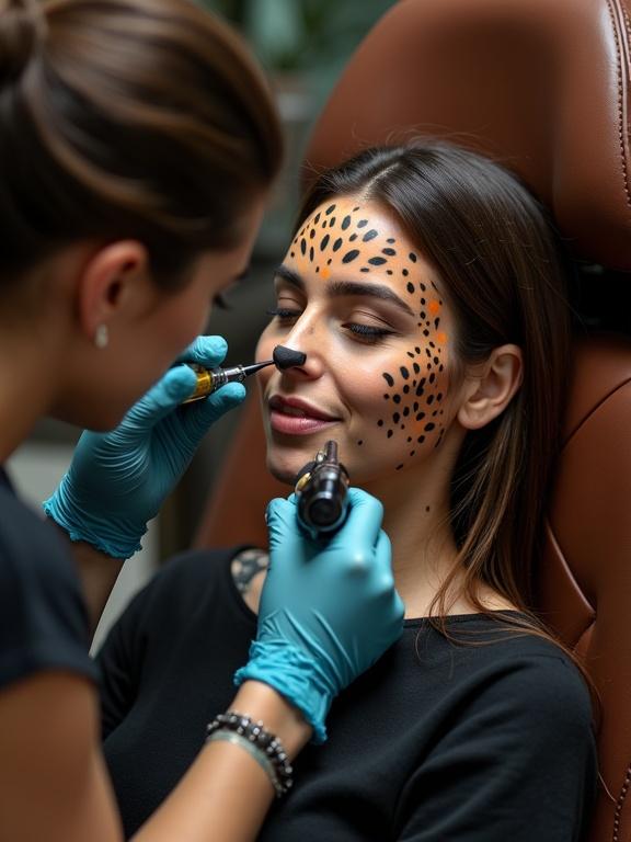 A woman is seated in a brown leather chair in a tattoo studio. The female tattoo artist adds details to tattoos that resemble a cheetah. The process includes applying whiskers and mouth designs with a tattooing gun. A focus on the artistry and detailed work during the tattooing process.