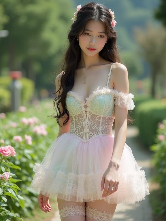 Young Chinese lady wearing pastel transparent outfit. Picking flower from ground in garden. Outfit has lace in pink cream mint green. Includes sweetheart neckline and off-the-shoulder design. Full short skirt and vintage feel. Long hair styled in waves. Pale pink stockings and garter belts. Soft natural lighting highlights details. Lush greenery surrounds her.
