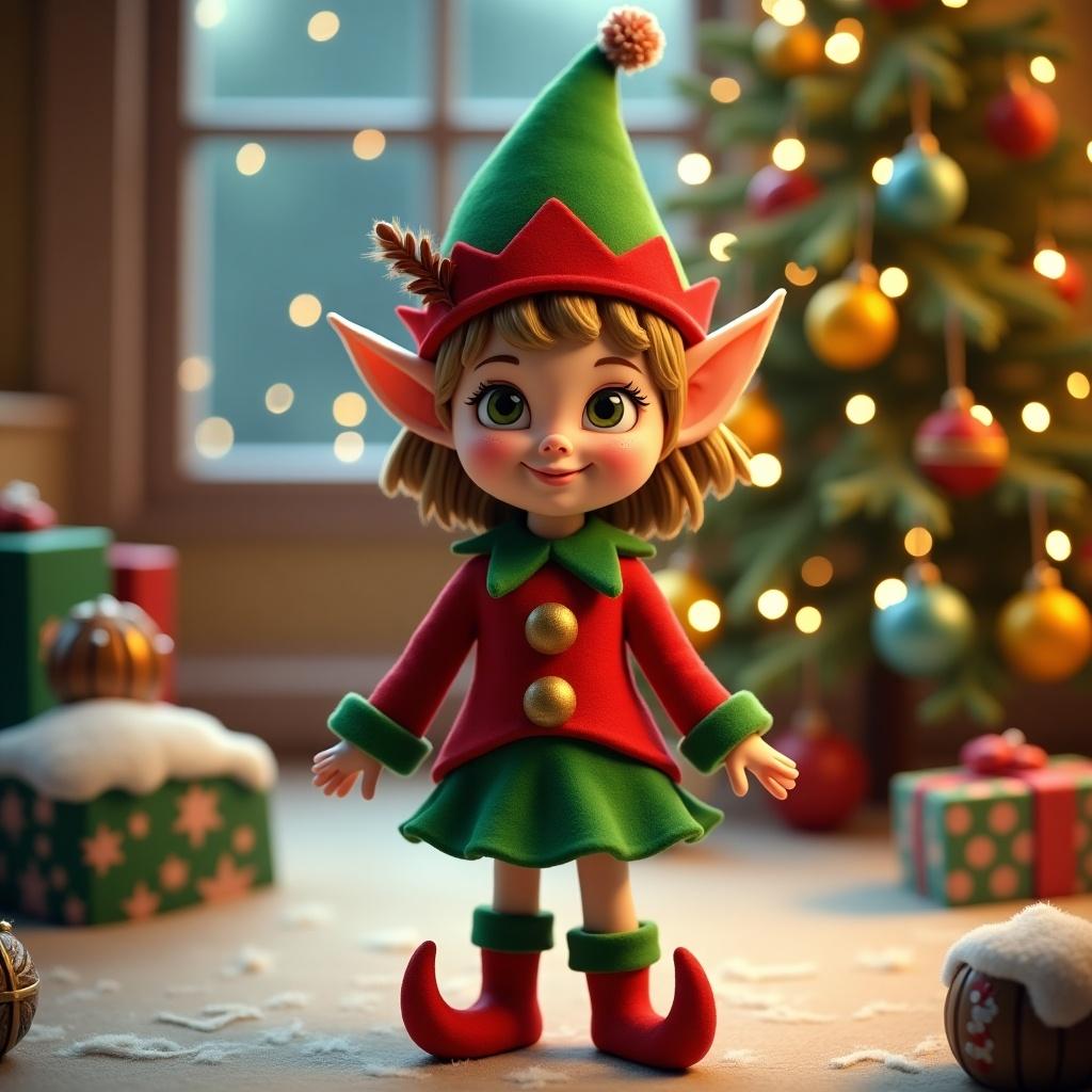 The image showcases a Christmas elf named Lila, dressed in a bright red and green outfit. She has pointy ears and wears a festive hat with a pom-pom. The background features holiday decorations and presents, creating a festive atmosphere. The lighting is warm and inviting, contributing to a joyful holiday feel. The elf appears playful and cheerful, perfect for Christmas-themed content.