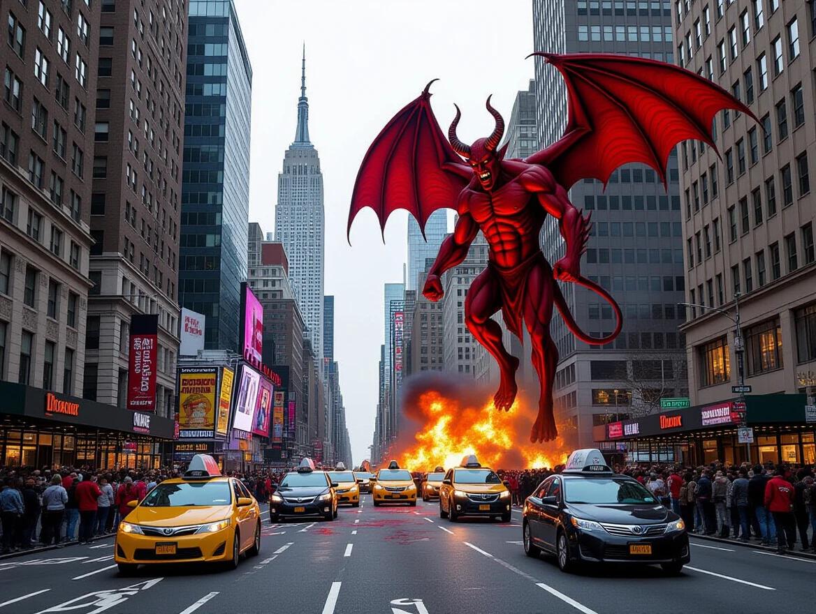 A large red demon descends onto a busy street in New York City during an epic Armageddon scenario. Skyscrapers and yellow taxis create a dramatic urban backdrop with an explosion in the distance. Crowds of people appear astonished and fearful.