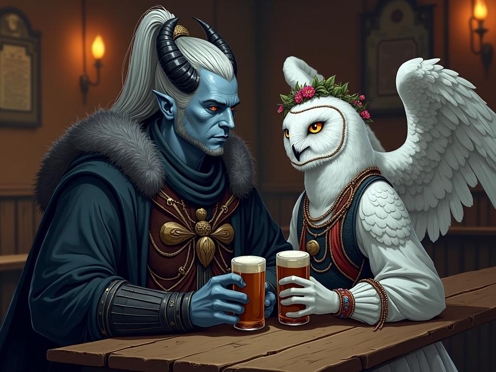 Comic-style digital illustration portrait showing a tiefling with ash-gray skin and long silver hair. The tiefling has bold black horns and scars. An anthropomorphic white owl replaces human hands with wings. The owl wears Slavic robes with intricate patterns. They sit at a bar counter drinking beer, in a soft cold light.