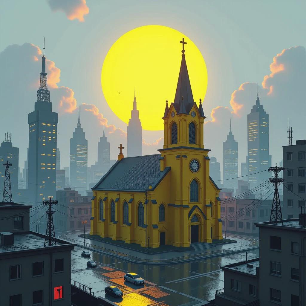 Detailed illustration of a cyberpunk city built around a yellow church. A large yellow sun sits behind the church. Skyscrapers loom in the background under a slightly overcast sky. Roads and structures surround the church, creating a striking urban scene.