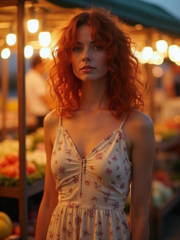 Portrait of a woman with red curly hair in a light summer dress with floral pattern standing outdoors near a market. Warm lighting creates a soft atmosphere with glowing market lights. Her expression is confident and graceful.