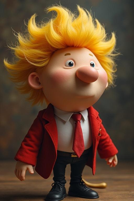 Character design inspired by Rayman featuring exaggerated hair and stylish outfit. The character wears a vibrant red jacket and a red tie, standing confidently with a whimsical posture.