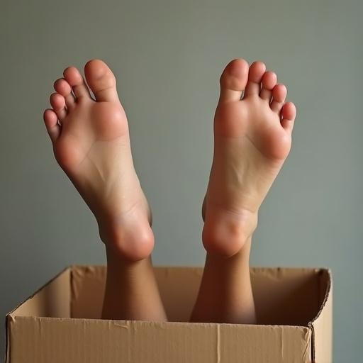 A woman's feet protrude from a cardboard box. The soles are visible. The background has a neutral gray color. The feet appear relaxed. Natural lighting enhances the scene.