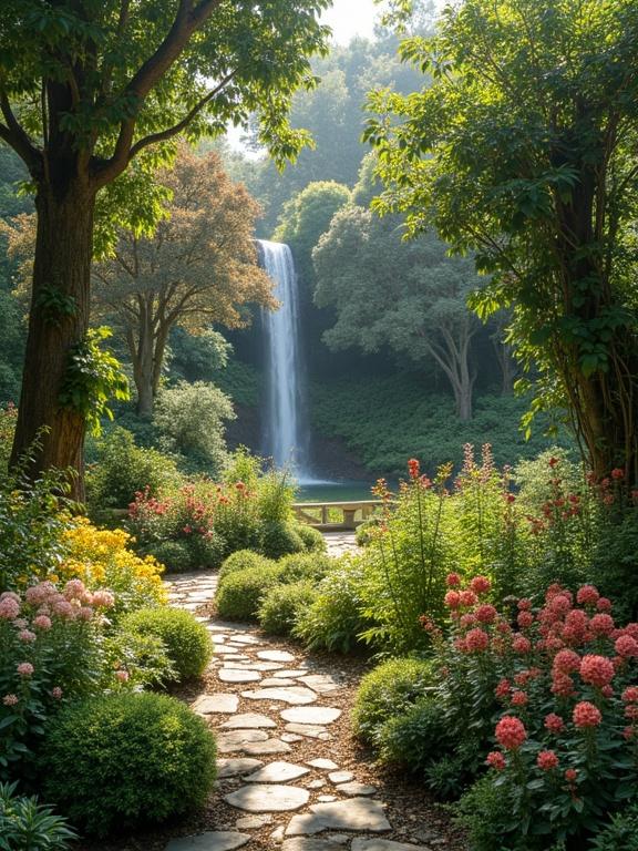 A garden scene featuring a wooden fence, numerous vibrant flowers, and foliage. The focus is on the fence, flowers, and greenery. A waterfall is in the background, enhancing the natural beauty.