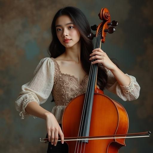 A woman plays a cello elegantly. She wears a detailed blouse. The setting is warm and artistic. The cello stands out beautifully.
