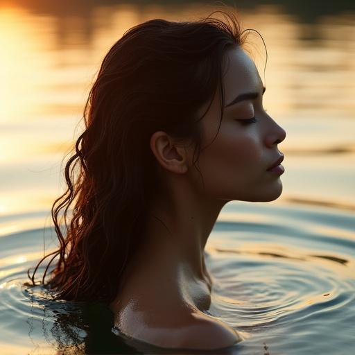 A captivating woman emerges from water seen in profile. Her dark wet hair frames her face. Eyes are closed, conveying tranquility. Shoulders and face appear above the water. Soft golden hour light enhances her flawless beauty. Subtle ripples in water reflect warm sunset hues. Details include water droplets on skin, precise features, and emphasis on beauty. Background is blurred to focus on her serene expression, creating a cinematic effect without any imperfections. The composition is free from disfigured elements, maintaining photorealism with no distractions.