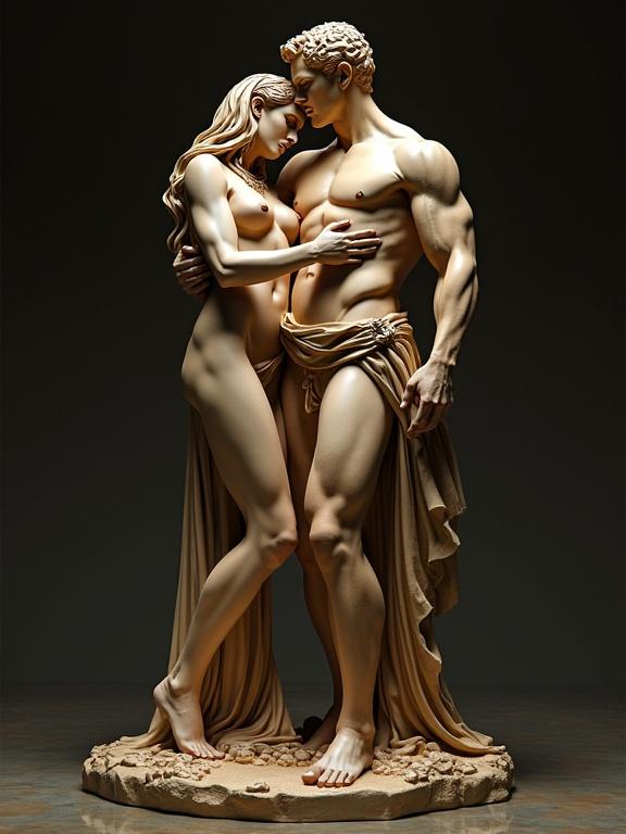 3D ultrarealistic statue representing Cleopatra and Hercules. Figures are muscular and detailed. Scene is set in a dark environment with a focus on their embrace. Night edition atmosphere.