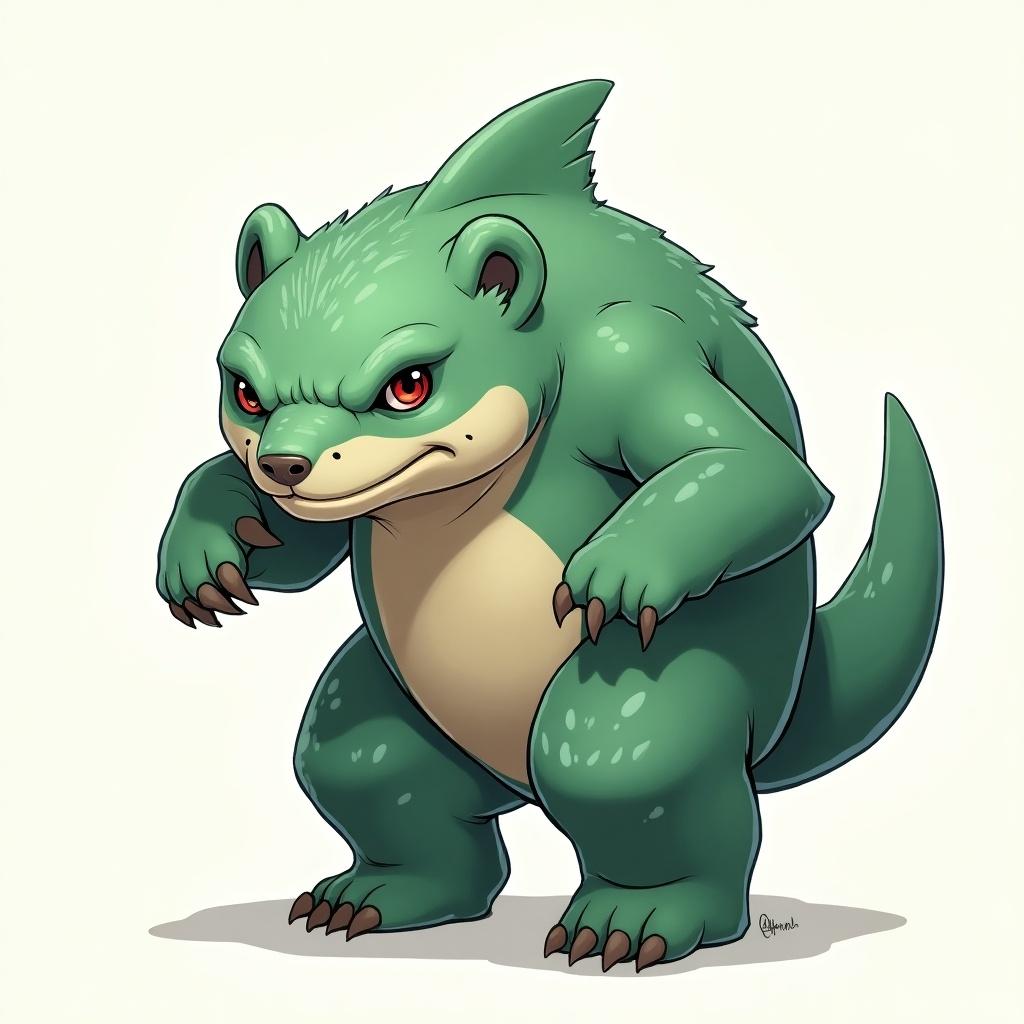 Drawing of a green shark-bear hybrid in a fantasy art style with a fierce expression. The character has sharp claws and a muscular build. The background is simple and light to emphasize the character.