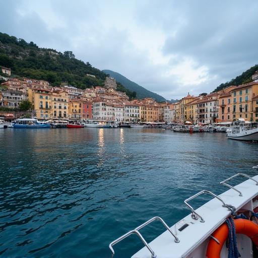 View from a boat arriving to Cadaqués. Fishing boats at the port. Early morning scene at a Spanish village.