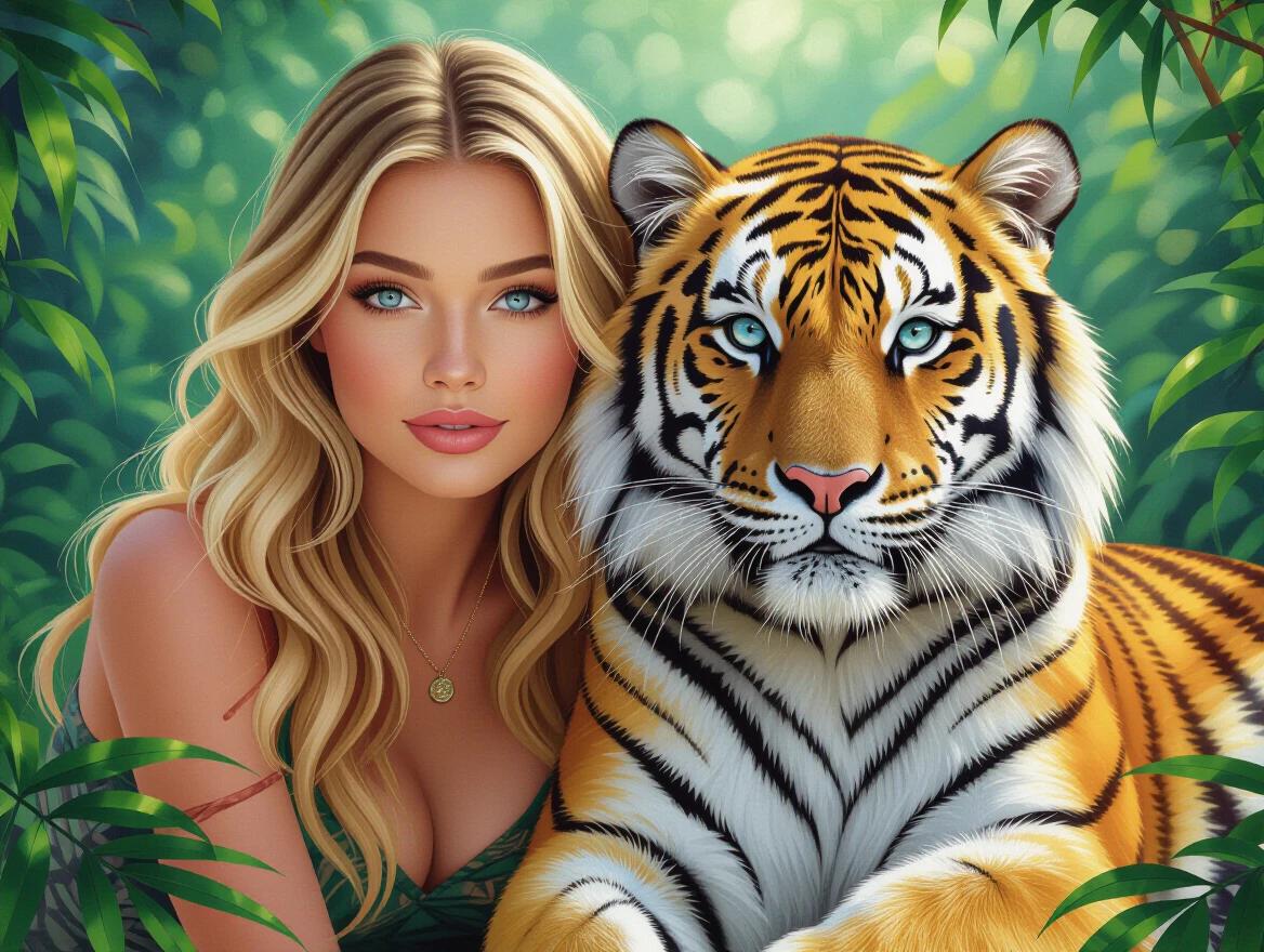 Realistic portrayal of a blonde woman with blue eyes next to a tiger in a lush jungle setting. The focus is on the natural beauty of both the woman and the tiger. Vivid colors create an appealing atmosphere. Nature surrounds the subjects in a harmonious manner.