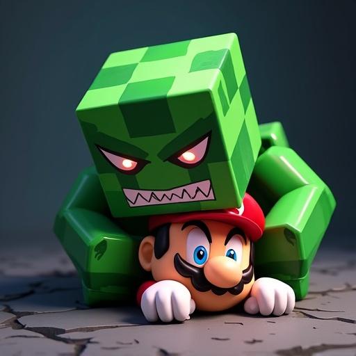 Creeper pressing blocky foot on Mario's head. Mario lying flat with sad expression. Dynamic low angle emphasizing dominance and vulnerability. Creeper has sharp eyes and jagged smile. Mario's hat tilted or falling off. Dark ambient. 3D render, vibrant colors, clean textures, cheerful lighting.